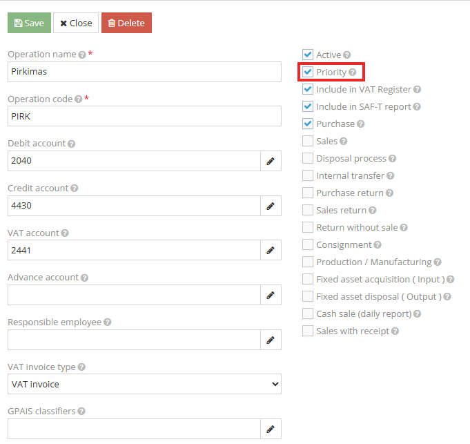 Operation type priority setting window